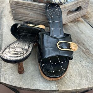 Authentic Vintage CHANEL Black Mules with Gold Buckle sandal Sz 7